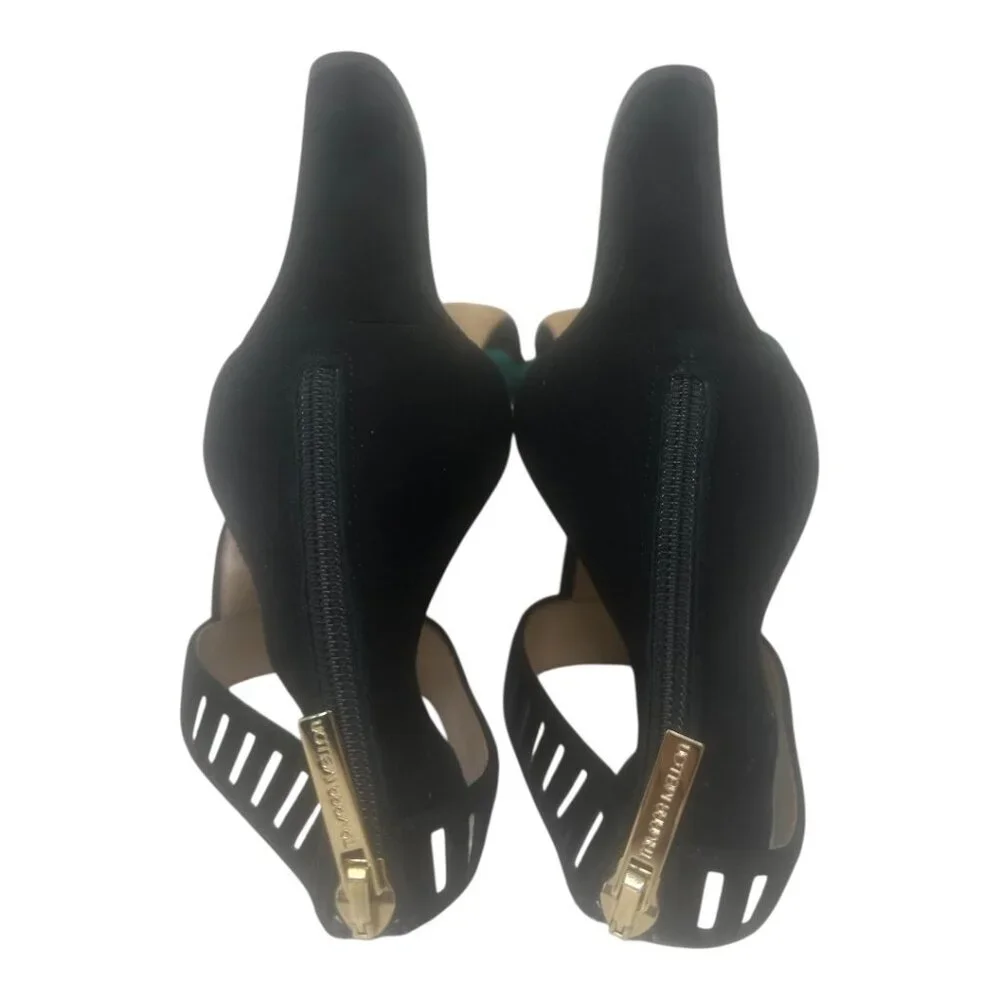 Tamara Mellon Black Suede Green Red White Laser Cut Straps Open Toe Heels Size 9